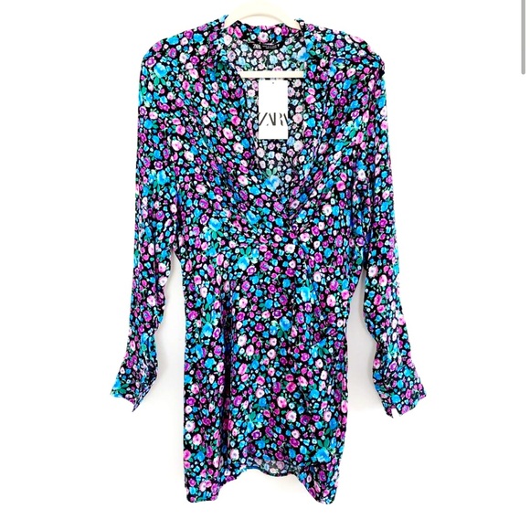 New Zara Floral Print V-Neck Satin Effect Wrap Mini Dress - Picture 8 of 13